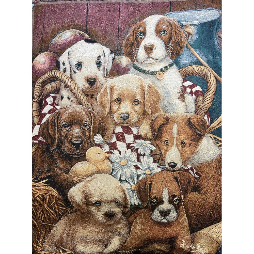 VTG‎ Puppy Dog Tapestry Woven Throw Blanket Pups Basket Newland Applejack 48x67